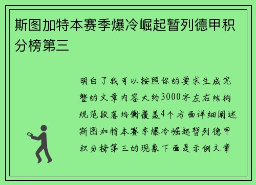 斯图加特本赛季爆冷崛起暂列德甲积分榜第三